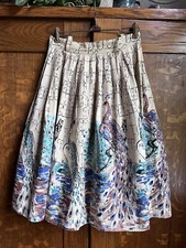 Vtg 50s Peacock Print Full Cotton Pleated Belted Painterly Skirt XS 26
