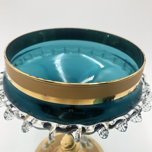 Vintage Bohemia Art Glass Candy Dish Peacock Teal & Gold W Enamel Floral - Picture 6 of 16