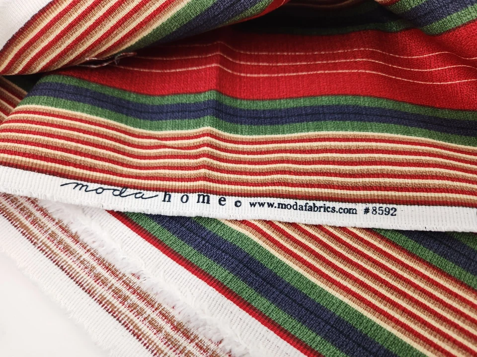 2 yds Moda Home Decor Maroon Green Blue Striped Barkcloth Like Fabric Textured - Image 3 of 4