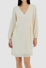 I.N.C. International Concepts Womens Ivory Textured Long-Sleeve Bow Dress Size L