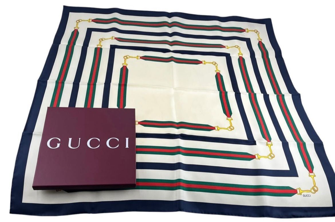 GUCCI Interlocking G Horsebit Silk 100% Scarf Navy White from Japan w/Box Rare