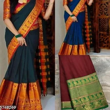 Women's Kanjeevaram Cotton silk saree with Running Blouse Piece