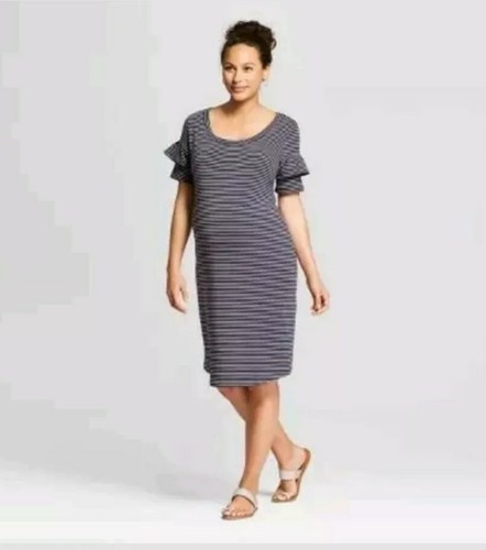 Isabel Umstands-Strickkleid Rüschenärmel T-Shirt marineblau & rosa gestreift Small [B25] - Bild 1 von 4