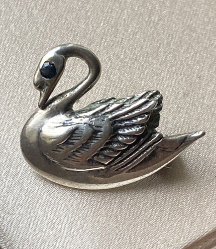 Swan Brooch Pin w/ Teal Gemstone Eye STERLING Silver 925