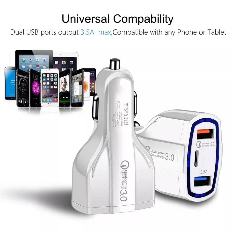 3-Port USB Fast Rapid Car Charger Adapter Type C Port for iPhone Android Samsung - Image 3 of 4