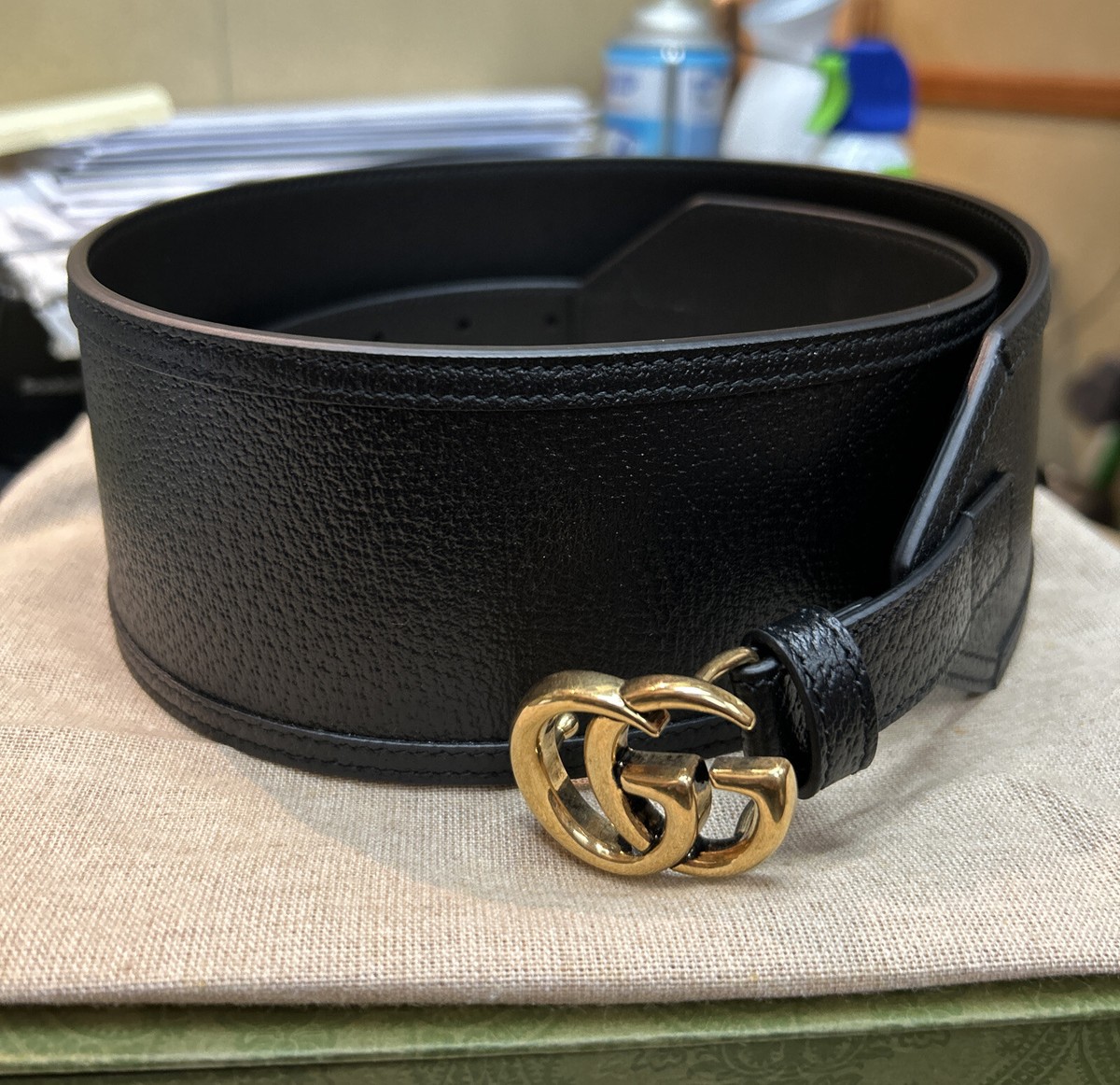 Gucci GG Marmont 68mm Wide Black Leather Size 34/85 Women's