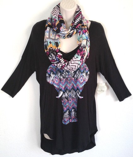Self Esteem Women Sz Small Tunic Top Stretch High Low Hem w/Scarf Elephant NEW