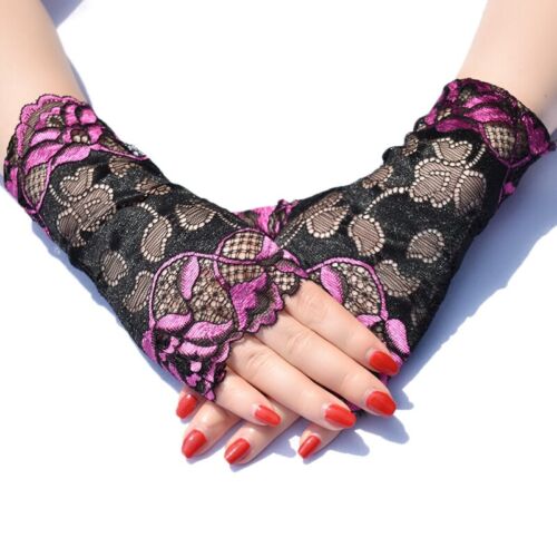 Moda Mujeres Rosa Flor Patrón Guantes Sin Dedos Protector Solar Guante de Encaje - Imagen 7 de 20