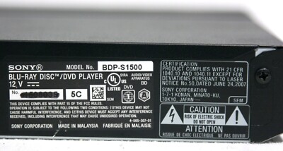 SONY BDP-S1500 Blu-ray Player HDMI, LAN, PCM Dolby Digital NO Pwr
