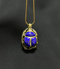 Scarab Brass Blue Stone Pendant Necklace with Hieroglyphics Egyptian Amulet