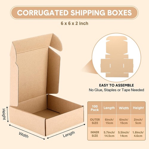 Shipping Boxes 100 Pack 6 x 6 x 2 Inch Corrugated Cardboard Boxes Small Mailing - Picture 2 of 11