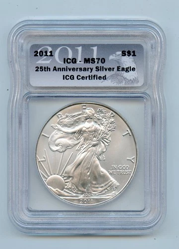 2011  American Silver Eagle 1 OZ ICG MS70  - 25th Anniversary