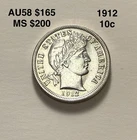 1912 Philadelphia Mint Silver Barber Dime. AU/MS Details*