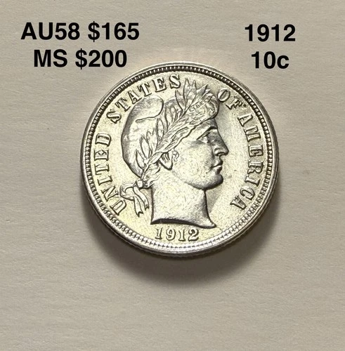 1912 Philadelphia Mint Silver Barber Dime. AU/MS Details*