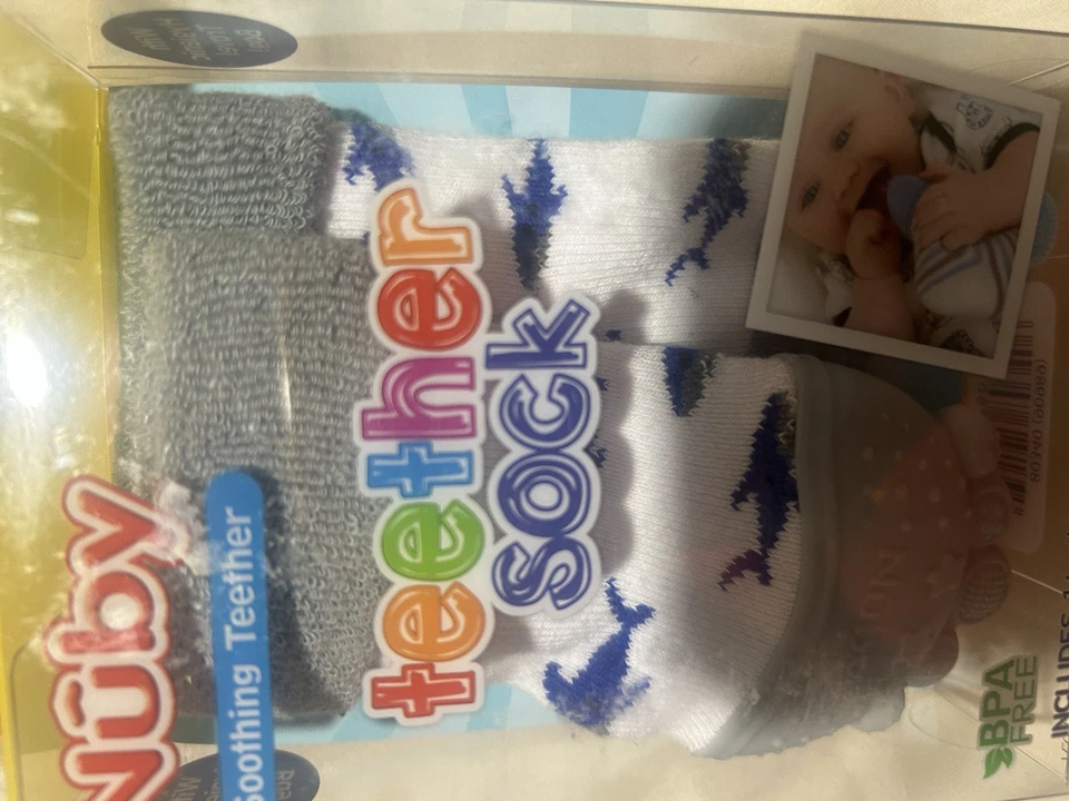Nubby Teething Sock For Baby Boys! Blue And Grey!  - Image 2 of 2
