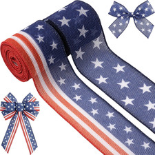 Patriotic Wired Ribbon Red White and Blue Burlap Mesh, 2 Rolls Vintage Americana