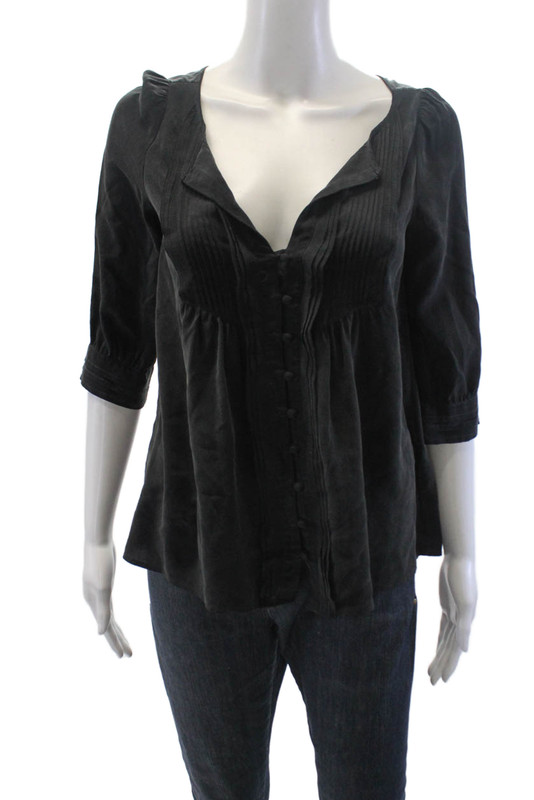 Joie Womens 3/4 Sleeve V Neck Button Front Silk Blouse Black Size Extra Small
