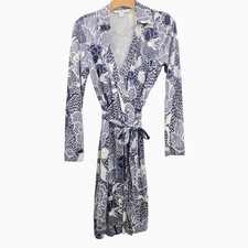 DVF Diane Von Furstenberg Jeanne Wrap Dress Size 8 Silk Blue Floral Long Sleeve