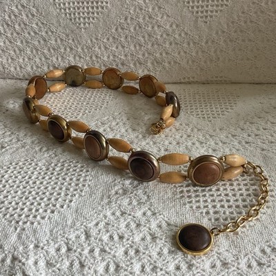Women's Belt Gold Tone Wood Insert Circle Discs Metal Link Belt MCM Boho Retro