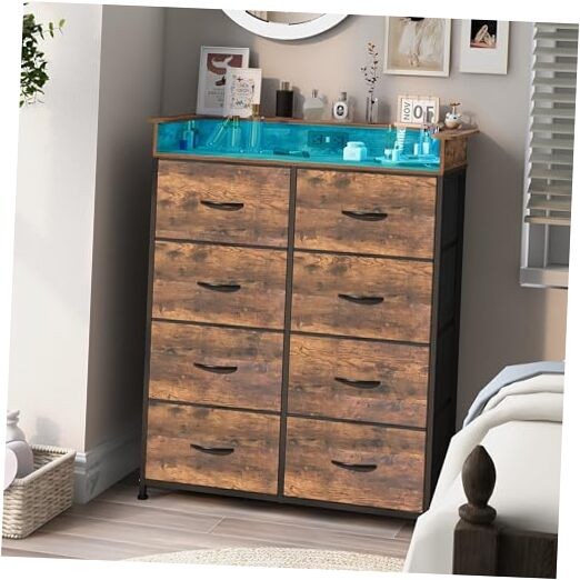 Tall 8-Drawer Dresser with LED Lights & USB Charge Station in Brown for Bedroom