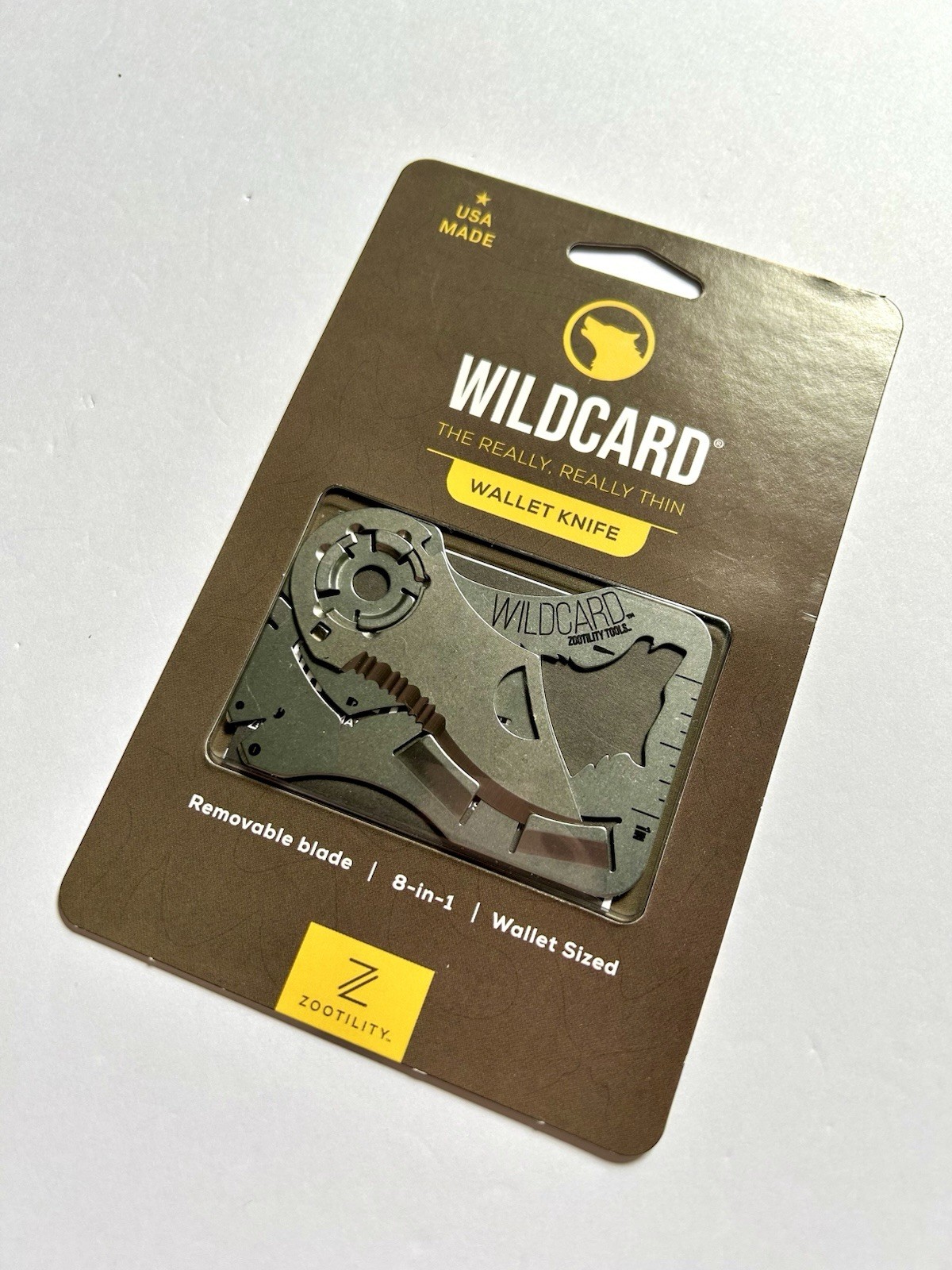 NEW! Zootility WILDCARD WALLET KNIFE 8-in-1 Multi-Tool, Stainless Steel, 2x3”