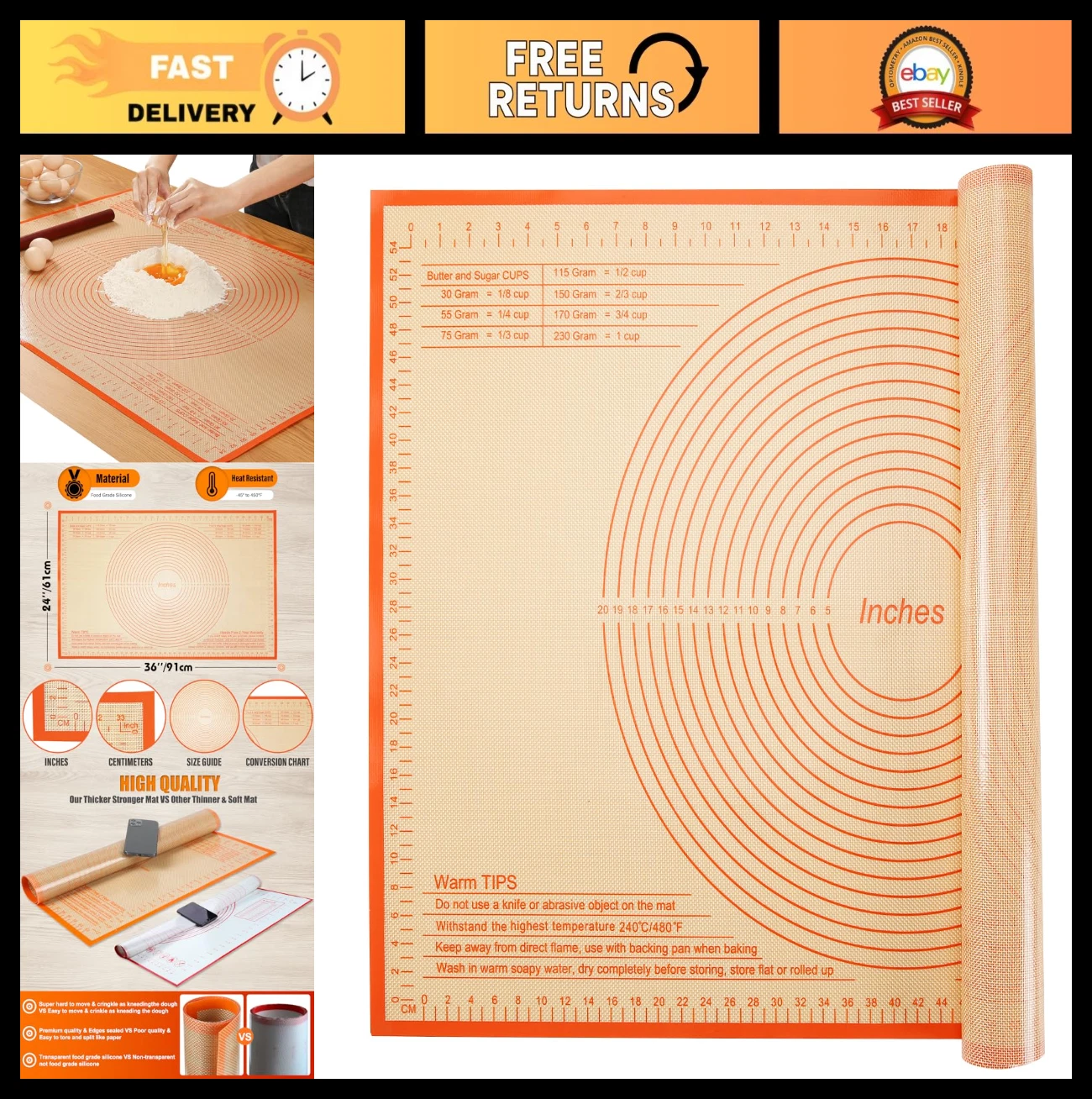 Nonstick Silicone Pastry Mat 34x26" - Ideal for Dough Rolling, Baking, Kneading,