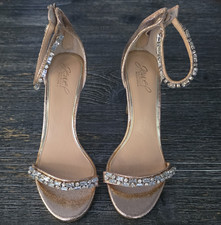 Jewel Badgley Mischka Gold Rhinestone Ankle Strap Open Toe Stiletto 8.5
