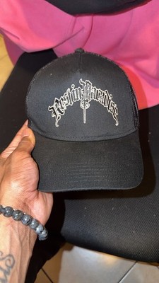 Black Trucker Hat with White Embroidery Rest In Paradise