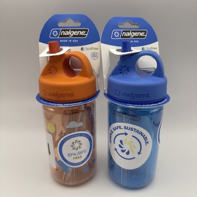 LOT OF 2 NALGENE Kid's Grip-N-Gulp Sustain 12 oz Water Bottle ORANGE Volcano