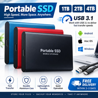 Externe SSD 1TB 2TB 4TB Tragbar USB Highspeed Festplatte Speicher PC Laptop Mac