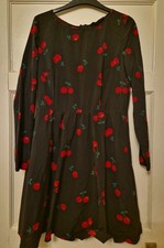 Jasmine Guinness Black & Red Cherries Print skater long sleeve dress size 14