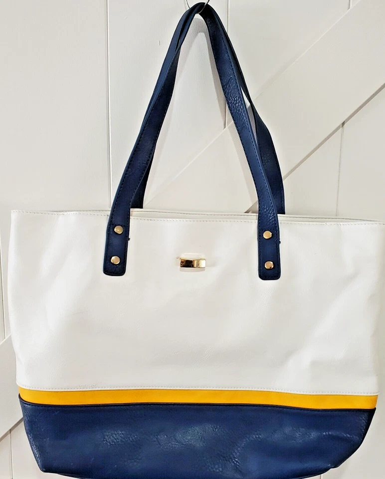 Charming Charlie Large Shoulder Bag Navy White Yellow Tote Purse - Image 2 of 4