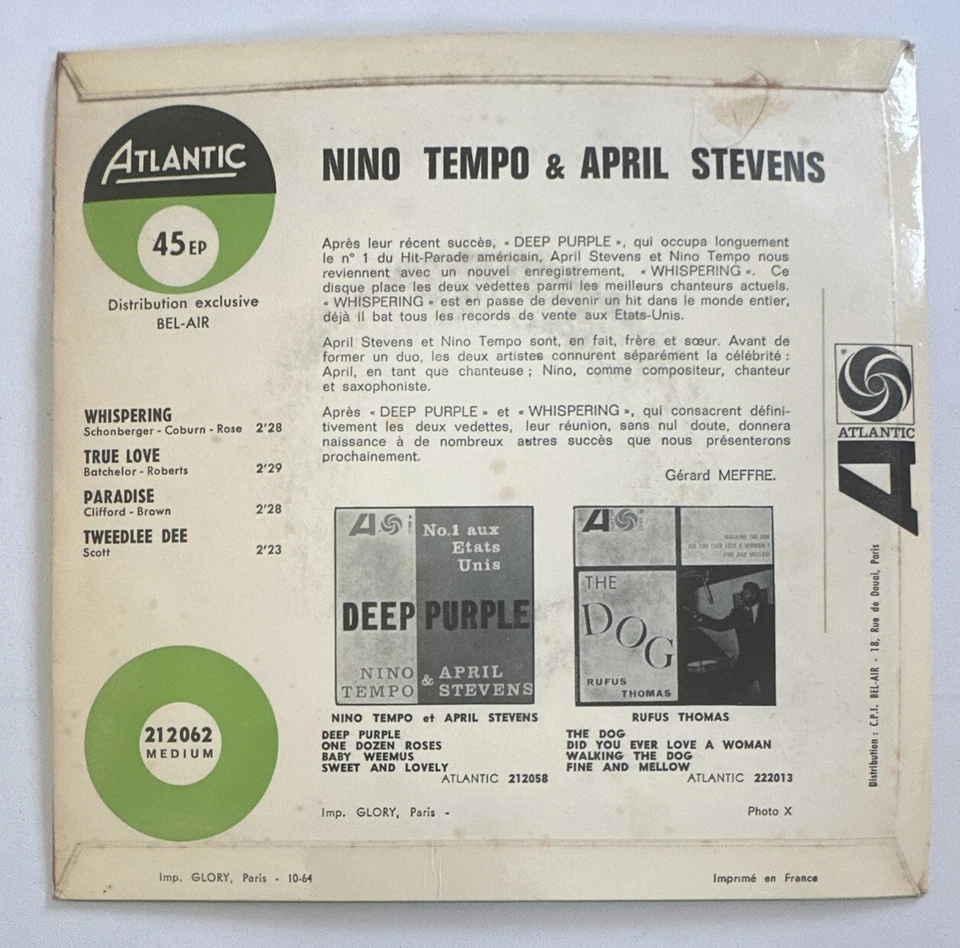 Nino Tempo & April Stevens - Whispering 7” Soul Vinyl Record French Atlantic EX - Image 3 of 4