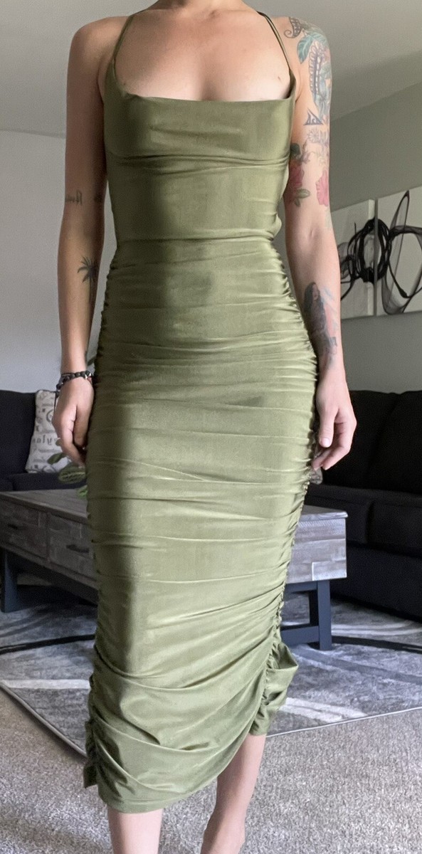 SHEIN BAE Lace Up Slit Back Draped Collar Ruched Cami Dress Olive Green Size XS