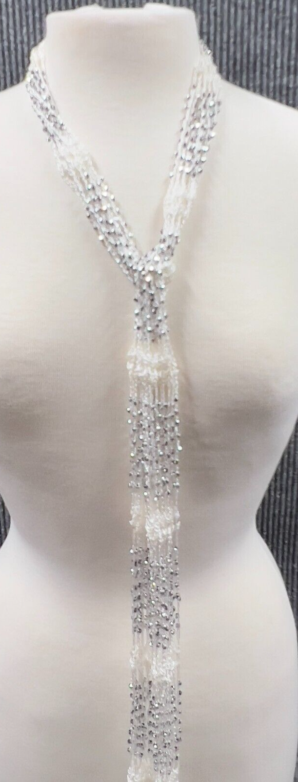 Silver Beaded White Crochet Fringe Scarf for Women Casual Work Wrap 75x1.5 Inches-image