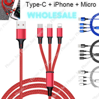 Lot 3 in 1 Charger 4ft Universal Fast Charging Cable For iPhone USB-C Micro USB