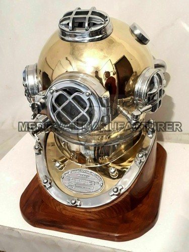 Brass Vintage Style Mark V Full Size Steel Diving Divers Helmet W/ Wooden Base - Picture 4 of 6