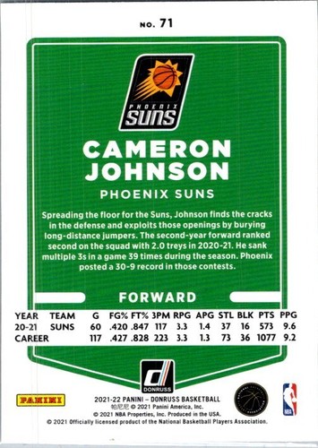 2021 Donruss #71 Cameron Johnson Yellow Flood - Picture 2 of 2