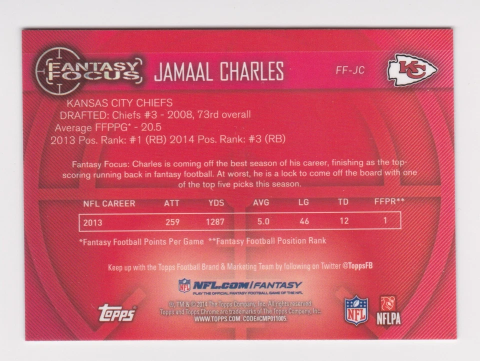 2014 Topps Chrome Mini Fantasy Focus Jamaal Charles FF-JC Kansas City Chiefs - Image 2 of 2