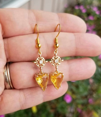 14k Gold Citrine Earrings, Citrine Heart Earrings, Citrine Dangle Earrings - Picture 4 of 5