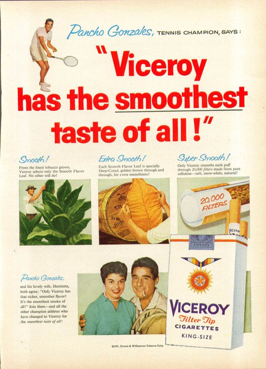 Tennis Champion Pancho Gonzales for Viceroy Filter-Tip Cigarettes ad 1957