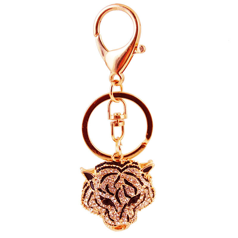 Luxury Sparkling Gold Tiger Head Keychain Rhinestone Zinc Alloy