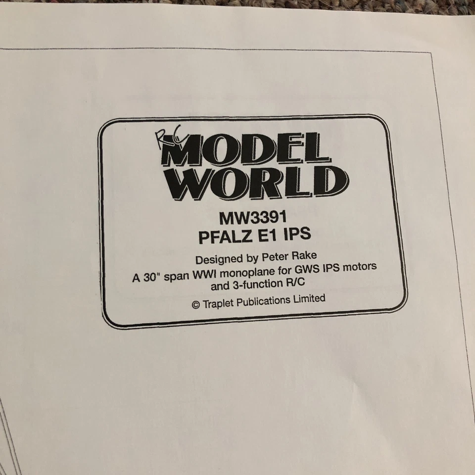 BLUEPRINTS PLANS ONLY-MW3391 PFALZ E1 30” Wingspan For GWS IPS Motor RC Model - Image 2 of 4