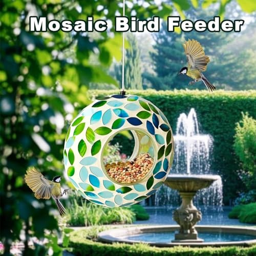 Alimentador de Pájaros de Mosaico, Exterior Colgante con Forma Redonda Alimentador de Pájaros de Vidrio a Verde - Imagen 2 de 6