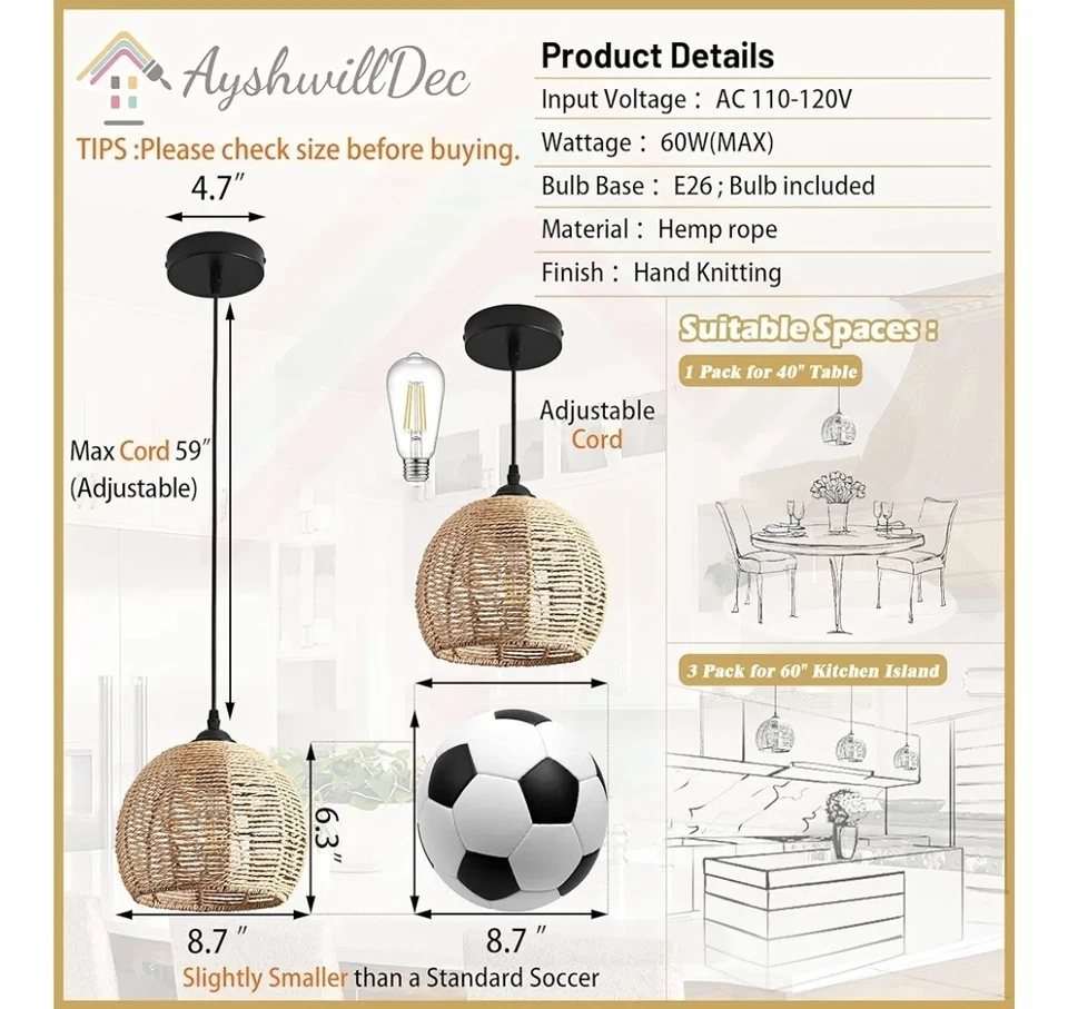 Плетеная подвеска свет натуральный сплетенный подвеска свет богемная люстра упаковка 3 шт. - Изображение 4 из 4