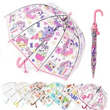 Kids Pink Unicorn Clear Bubble Umbrella, Toddler Grip Curved Handle Stick Rai...