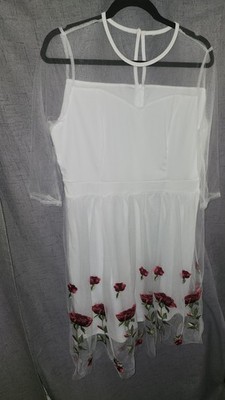 IDOPIP Girls White Red Floral Embroidered A-Line Dress Sheer Sleeves XXL