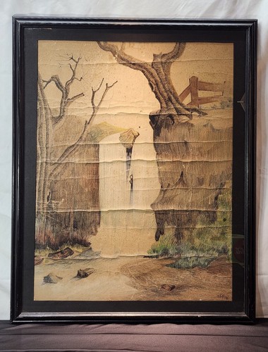 Mixed Media Waterfall Landscape Portrait Signed F Hoffman 48 Vintage / Antique - Picture 18 of 21