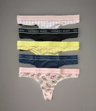 Lot 5 Victoria’s Secret M Logo Cotton Thong String Panties Bundle Pack Striped