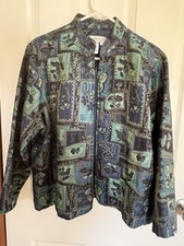 Coldwater Creek Zipper Jacket, Blue Green Leaf Floral Print Tapestry, PXL